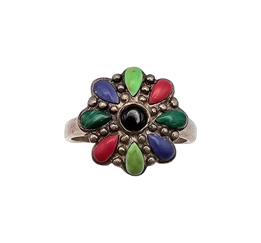 CSE Southwestern Turquoise Coral Onyx Malachite Sterling Silver Flower Ring Size 5.5: CSE Southwestern Turquoise Coral Onyx Malachite Sterling Silver Flower Ring Size 5.5 3.4 G