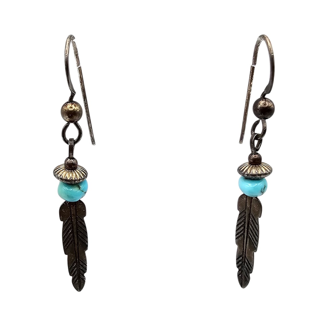 Native Turquoise Sterling Silver Feather Drop Dangle Earrings (1 of 3)