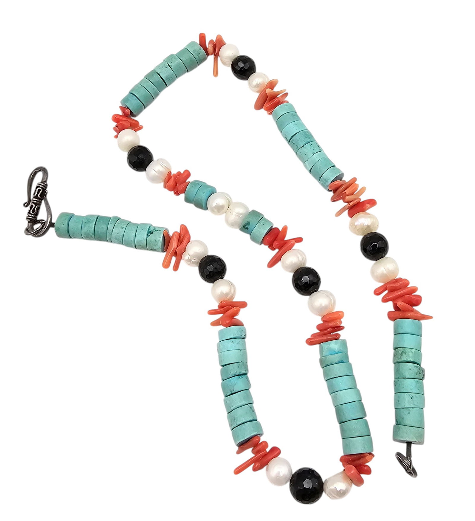 Southwestern Turquoise Pearl Coral Sterling silver Necklace: Southwestern Turquoise Pearl Coral Sterling silver Necklace 43.3 G