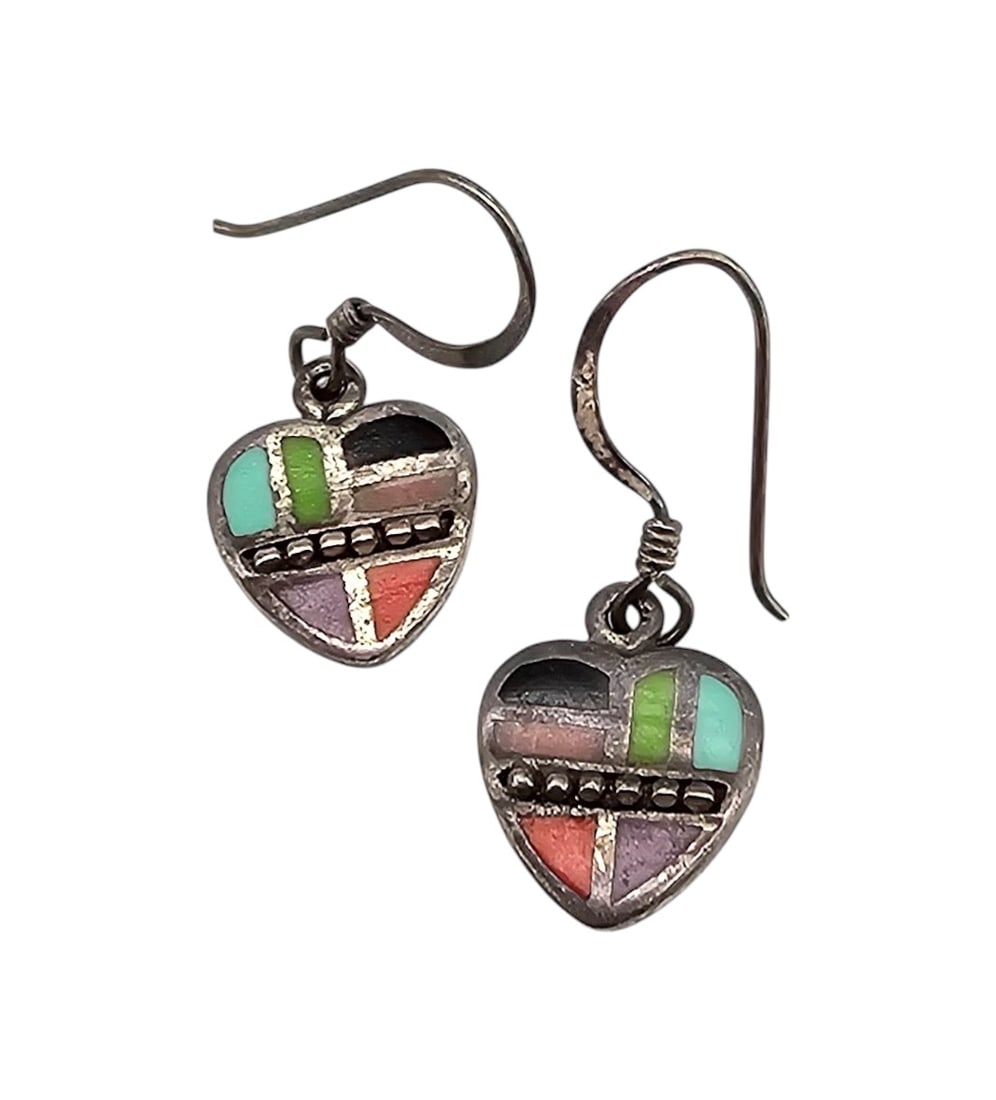 Southwestern Multi Stone Sterling Silver Heart Drop Dangle Earrings (1 of 4)