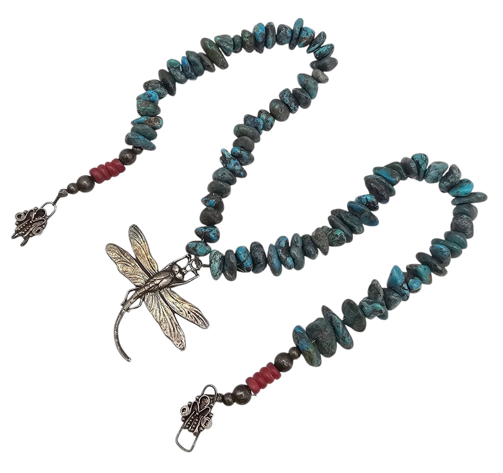 Southwestern Turquoise Coral Chunk Sterling Silver Dragonfly Necklace (1 of 3)
