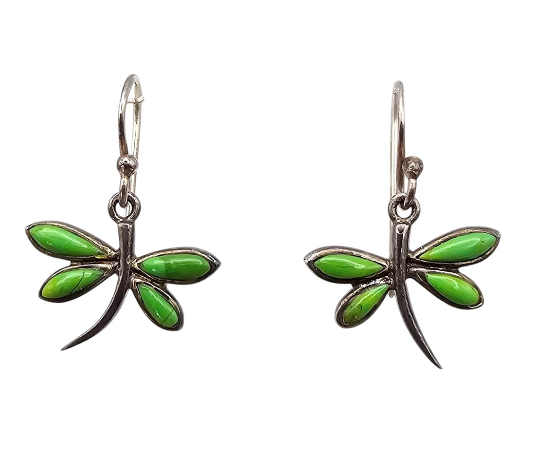 Southwestern Green Turquoise Sterling Silver Dragonfly Drop Dangle Earrings (1 of 4)