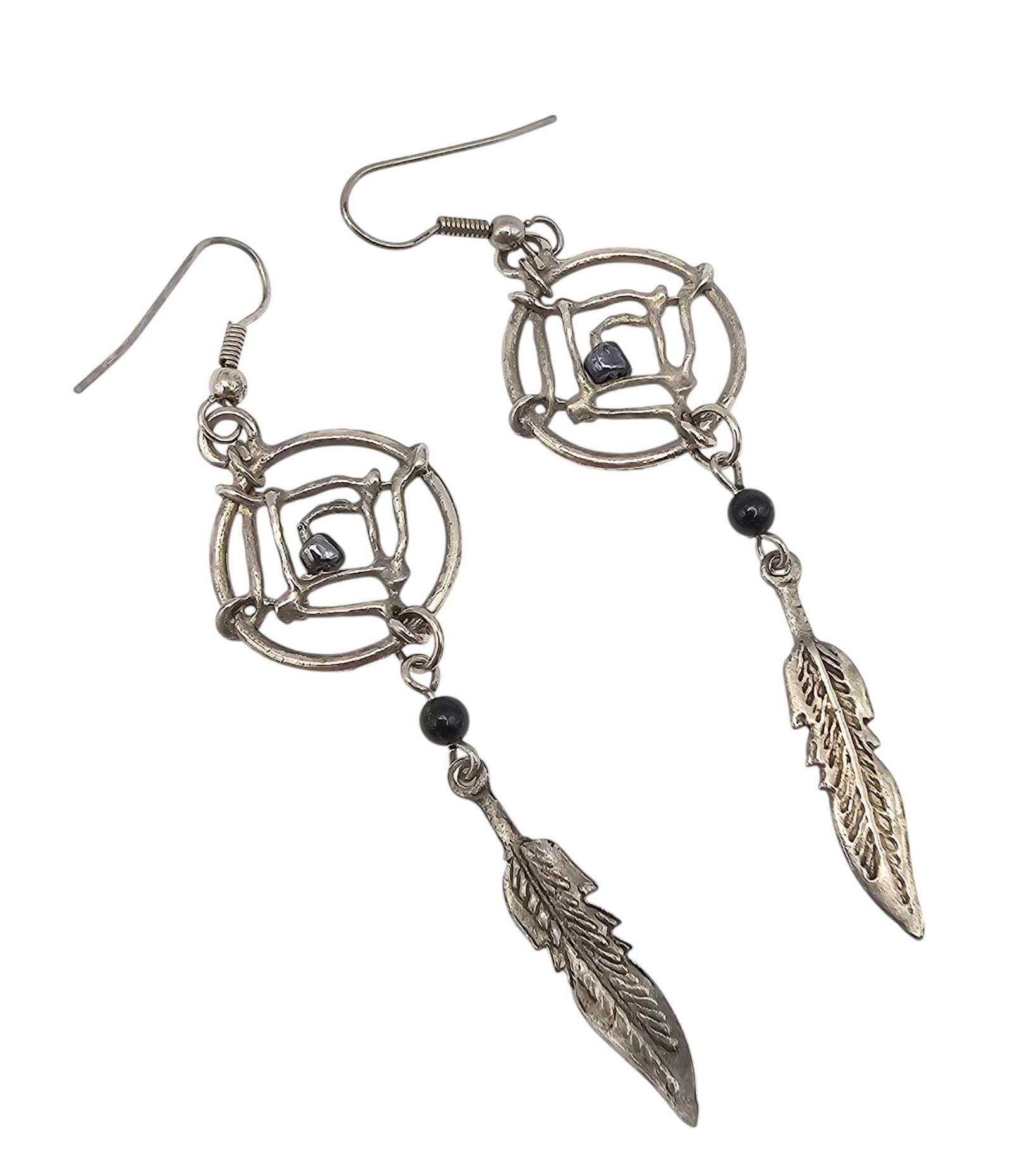 Onyx Sterling Silver Southwestern Feather Dream Catcher Drop Dangle Earrings (1 of 3)