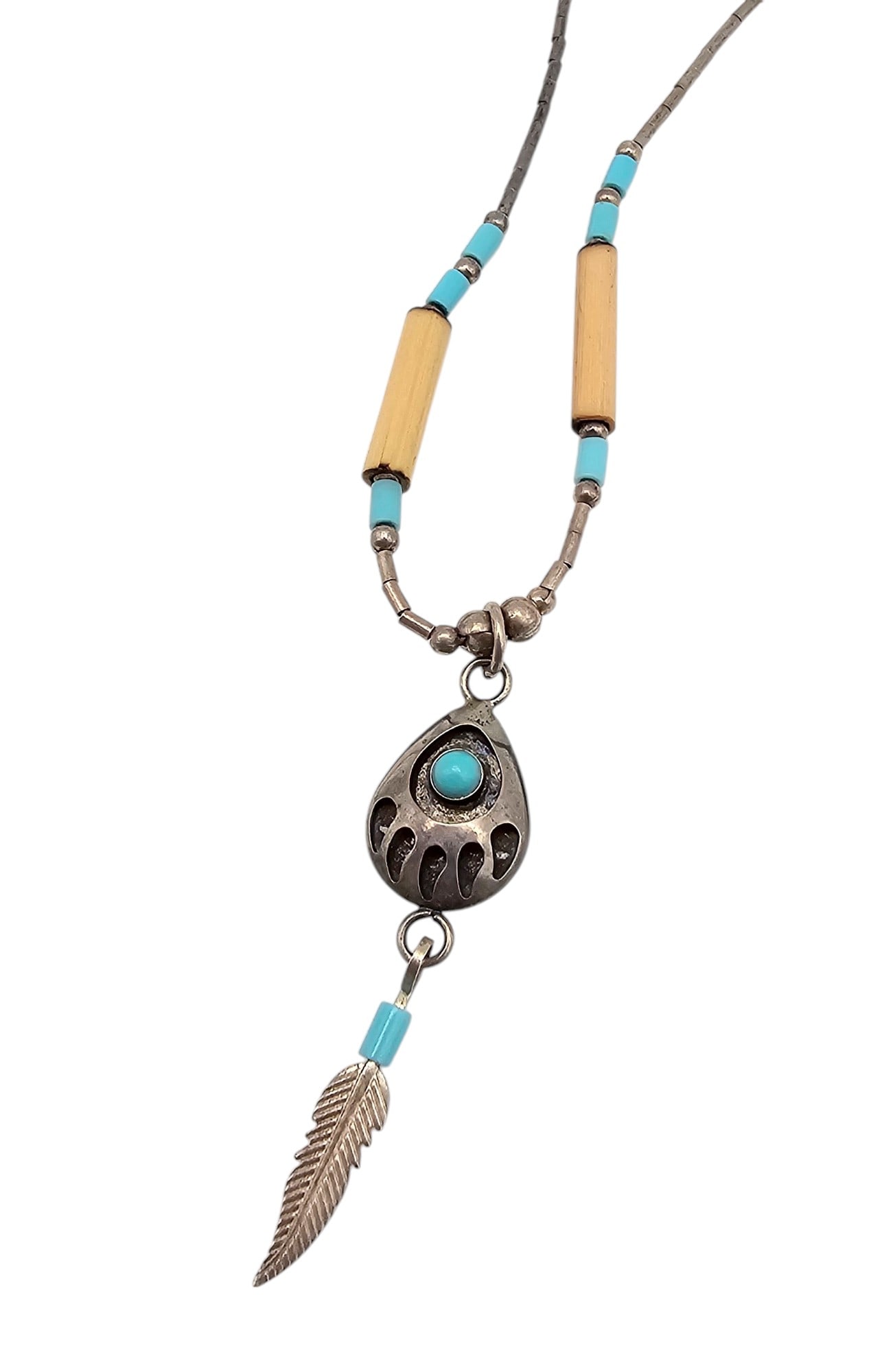 Vintage Native Turquoise Sterling Silver Bear Paw Shadow Box Liquid Silver Necklace (1 of 4)