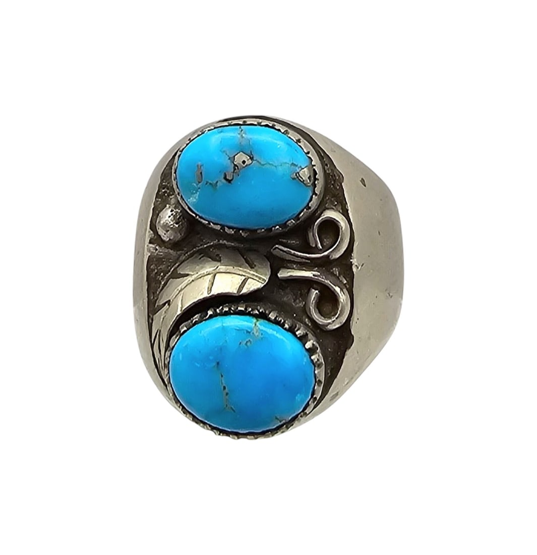 Navajo Turquoise Sterling Silver Leaf Design Ring Size 10.5 (1 of 4)