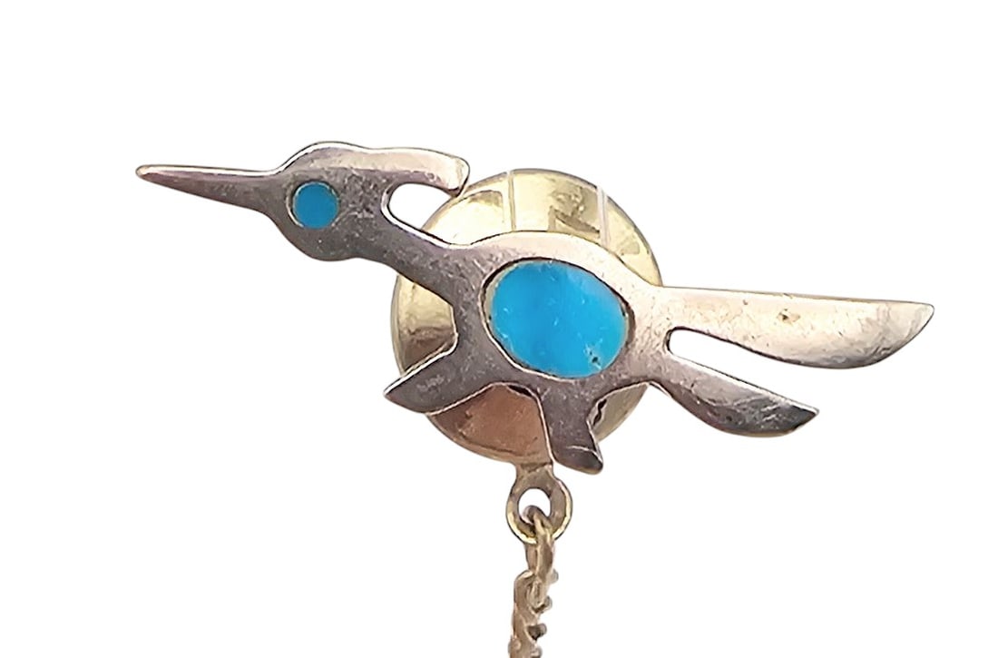 Southwestern Turquoise Sterling Silver Roadrunner Tie Tack: Southwestern Turquoise Sterling Silver Roadrunner Tie Tack 4.2 G