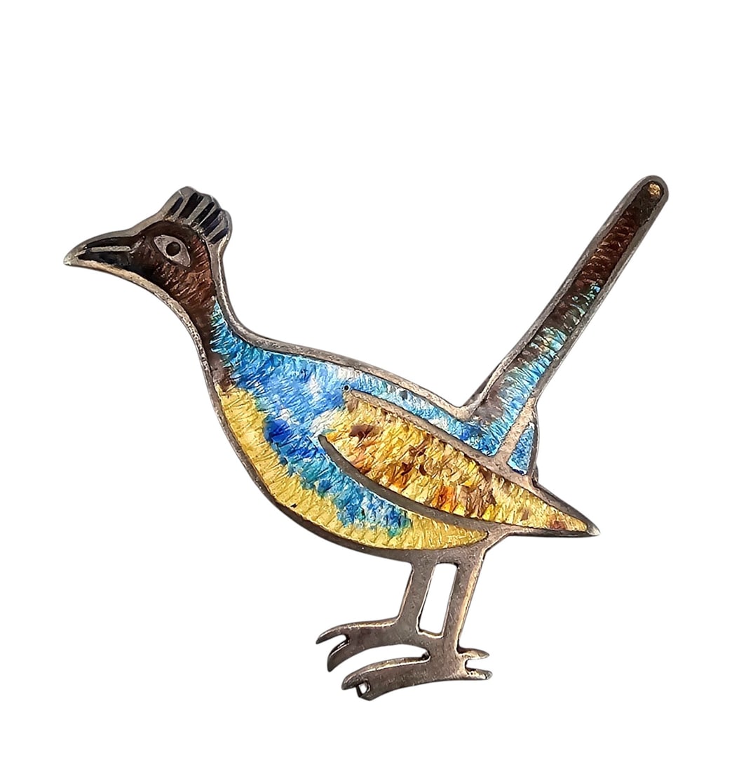 Jeronimo Fuentes Mexico Enamel Sterling Silver Roadrunner Brooch: Jeronimo Fuentes Mexico Enamel Sterling Silver Roadrunner Brooch 6.1 G