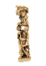 Vintage Netsuke Tall Two-Tone Traveling Men With Bunny Rabbit
