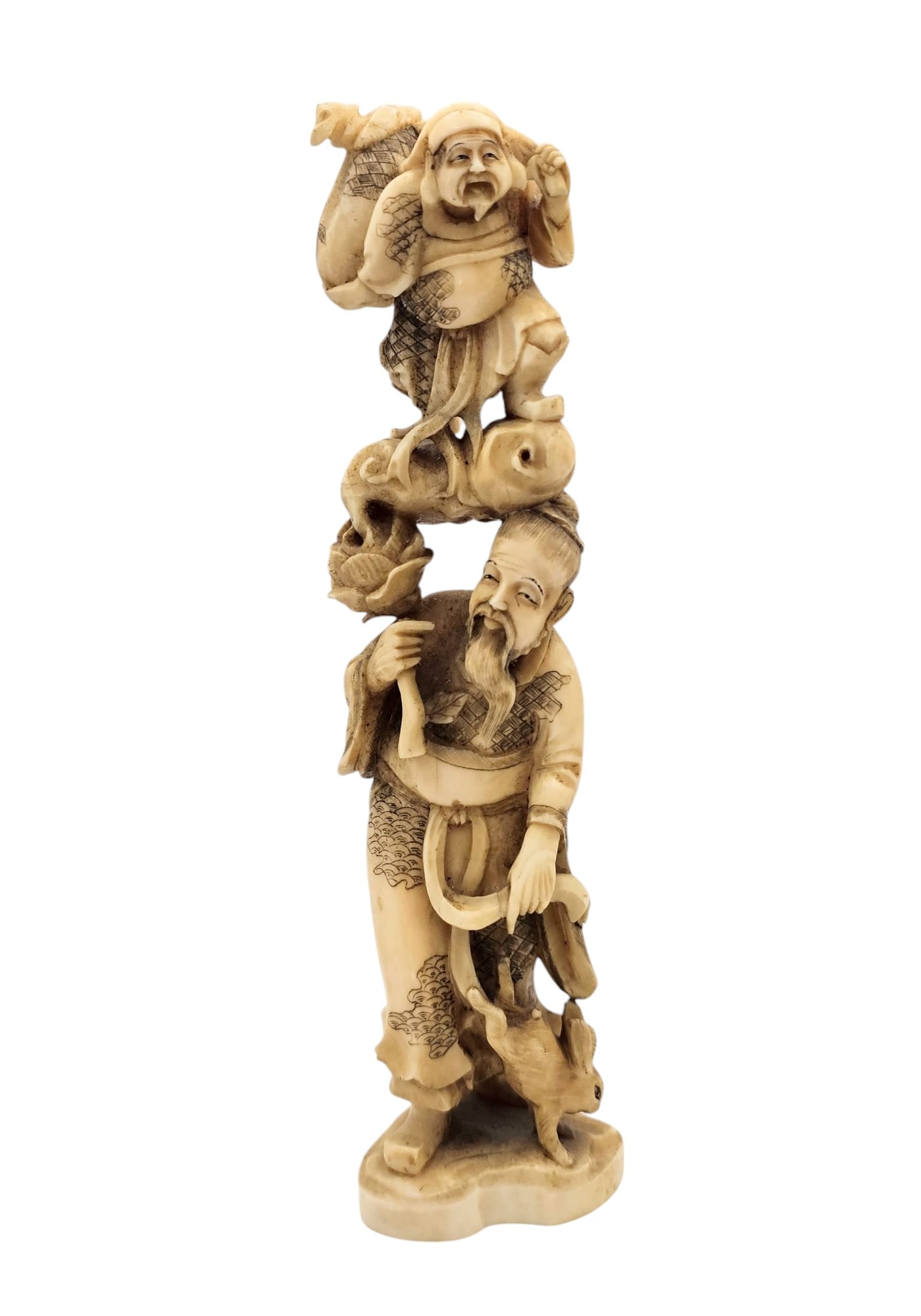 Vintage Netsuke Tall Two-Tone Traveling Men With Bunny Rabbit