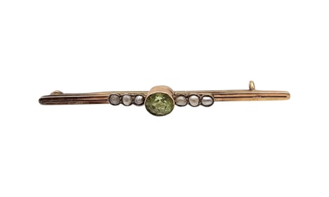 Vintage Peridot Seed Pearl 14K Gold Bar Pin 2 G