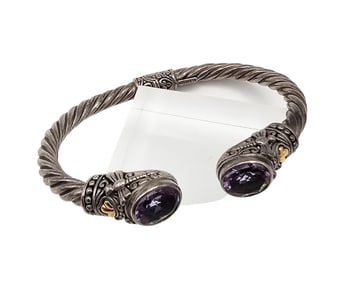 Amethyst 18K Gold Sterling Silver Hinge Cuff Bracelet 22 G