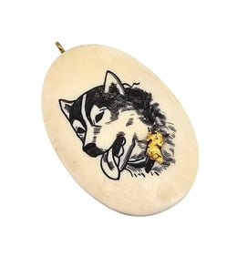 Vintage Scrimshaw Gold Husky Dog Pendant