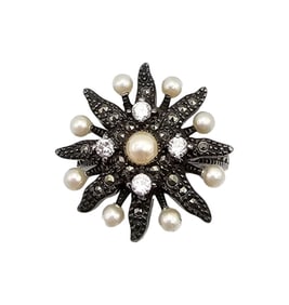 Judith Jack Marcasite Pearl Sterling Silver Starburst Ring Sz 6.75 7.7 G