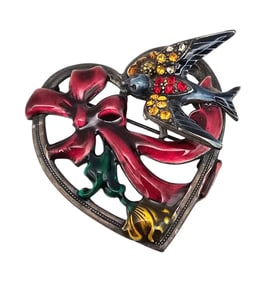 Vintage Enamel Rhinestone Sterling Silver Heart Bird Brooch 21 G