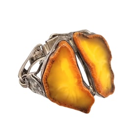 Amber Sterling Silver Modernist Textured Hinge Bangle Bracelet 55.9 G