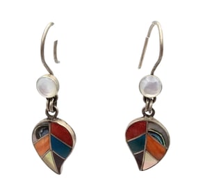 Spiney Oyster Coral Malachite Mother Of Pearl Sterling Silver Inlay Dangle Earrings 5.1 G