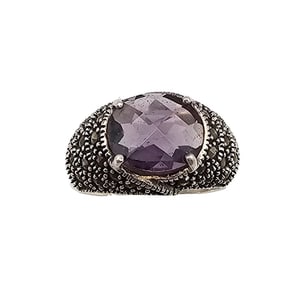 Amethyst Marcasite Sterling Silver Cocktail Ring Sz 7.75 6 G