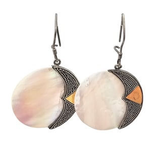 Mother Of Pearl Sterling Silver Two-Tone Crescent Moon Drop Dangle Earrings 10.4 G