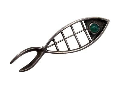 Signed La Vista Aventurine Sterling Silver Fish Brooch 9 G