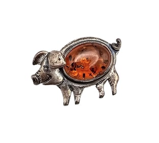Amber Sterling Silver Pig Brooch 5 G