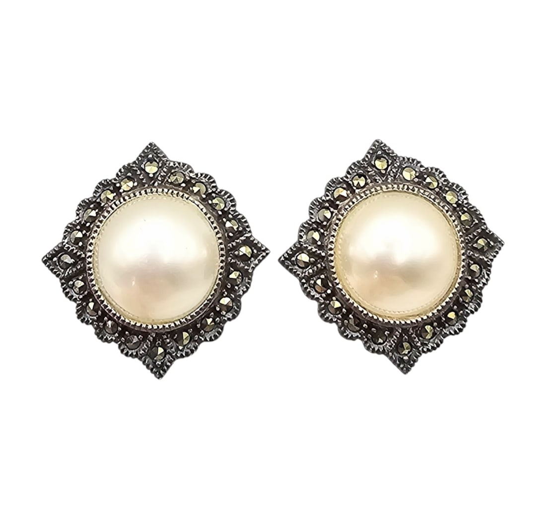 Judith Jack Faux Pearl Marcasite Sterling Silver Earrings 13.5 G (1 of 4)