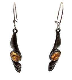 14K Gold Sterling Silver Amber Drop Dangle Earrings 2.6 G