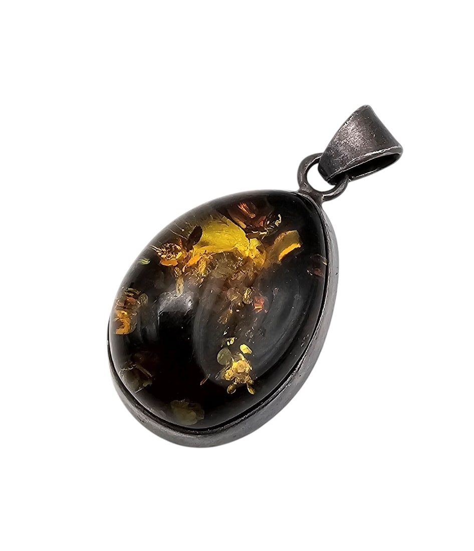 Amber Sterling Silver Wave Oval Pendant 15.3 G: Amber Sterling Silver Wave Oval Pendant 15.3 G