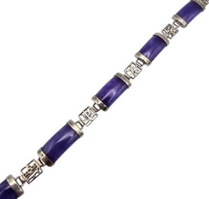 Purple Jade Sterling Silver Asian Character Link Bracelet 14.3 G