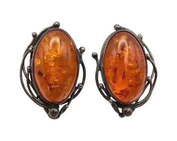 Amber Sterling Silver Oval Earrings 18.2 G