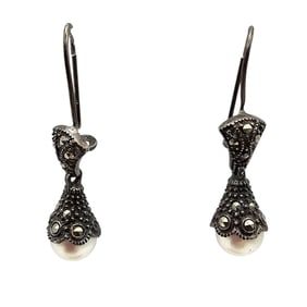 A Pearl Marcasite Sterling Silver Drop Dangle Earrings 4.2 G