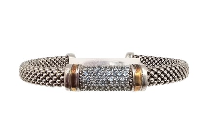 Signed With Flur De Lis Diamond 18K Gold Sterling Silver Cuff Bracelet 14.6 G