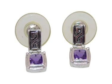 Sterling Square Amethyst Stud Drop Earrings 3.2g