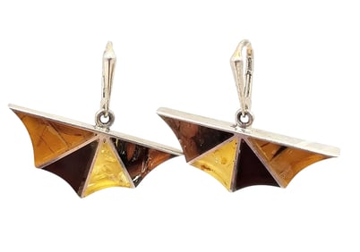New Polish Amber Sterling Silver Bat Wing Style Drop Dangle Earrings 11.9 G