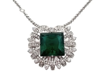 Smithsonian Replica 75 Carot Hooker Emerald Silver Tone Rhinestone Necklace Brooch