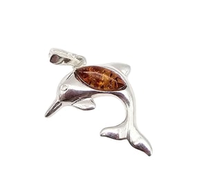 New Amber Sterling Silver Dolphin Pendant 2.8 G