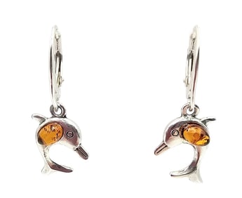 New Amber Sterling Silver Dolphin Drop Dangle Earrings 2.7 G