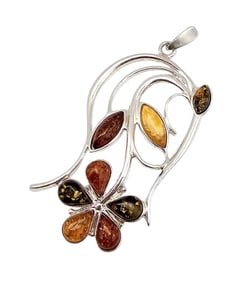 New Amber Sterling Silver Flower And Leaf Pendant 8.4 G