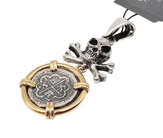 Charles Albert NWT Sterling Silver Alchemia Skull And Cros Bones Replica Soanish Coin Pirate Pendant