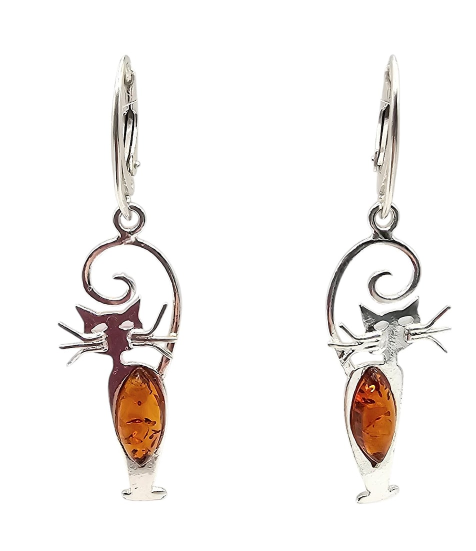 New Amber Sterling Silver Cat Drop Dangle Earrings 3.9 G (1 of 4)