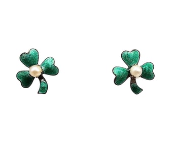 Green Enamel Pearl 14K Gold Clover Earrings 1 G