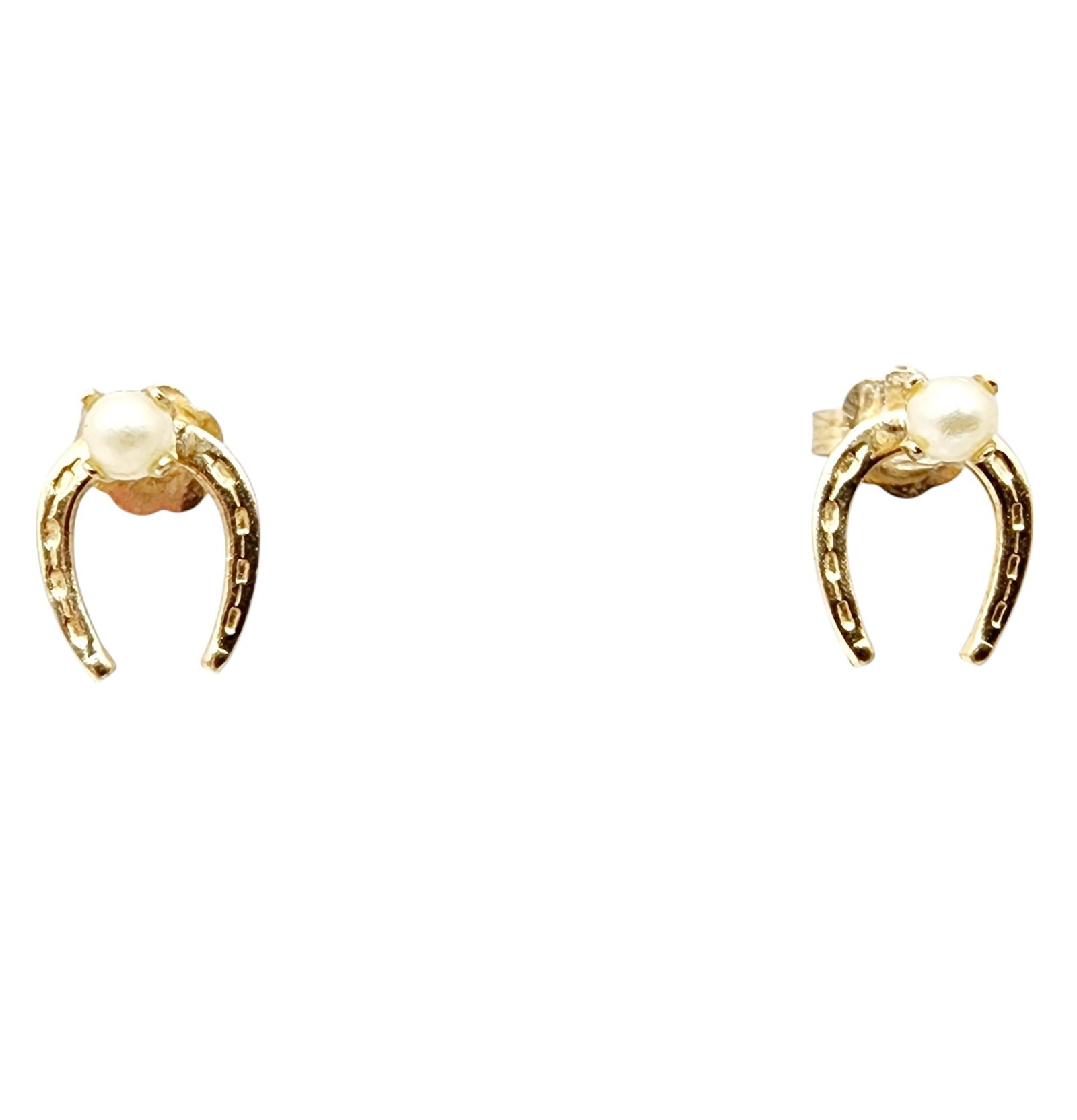 14k Gold Horseshoe Pearl Stud Earrings .5g: 14k Gold Horseshoe Pearl Stud Earrings (w/backs) .5g