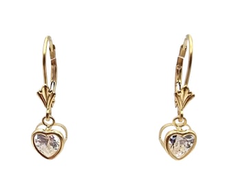 P Clear Stone 14K Gold Drop Dangle Heart Earrings 1.7 G