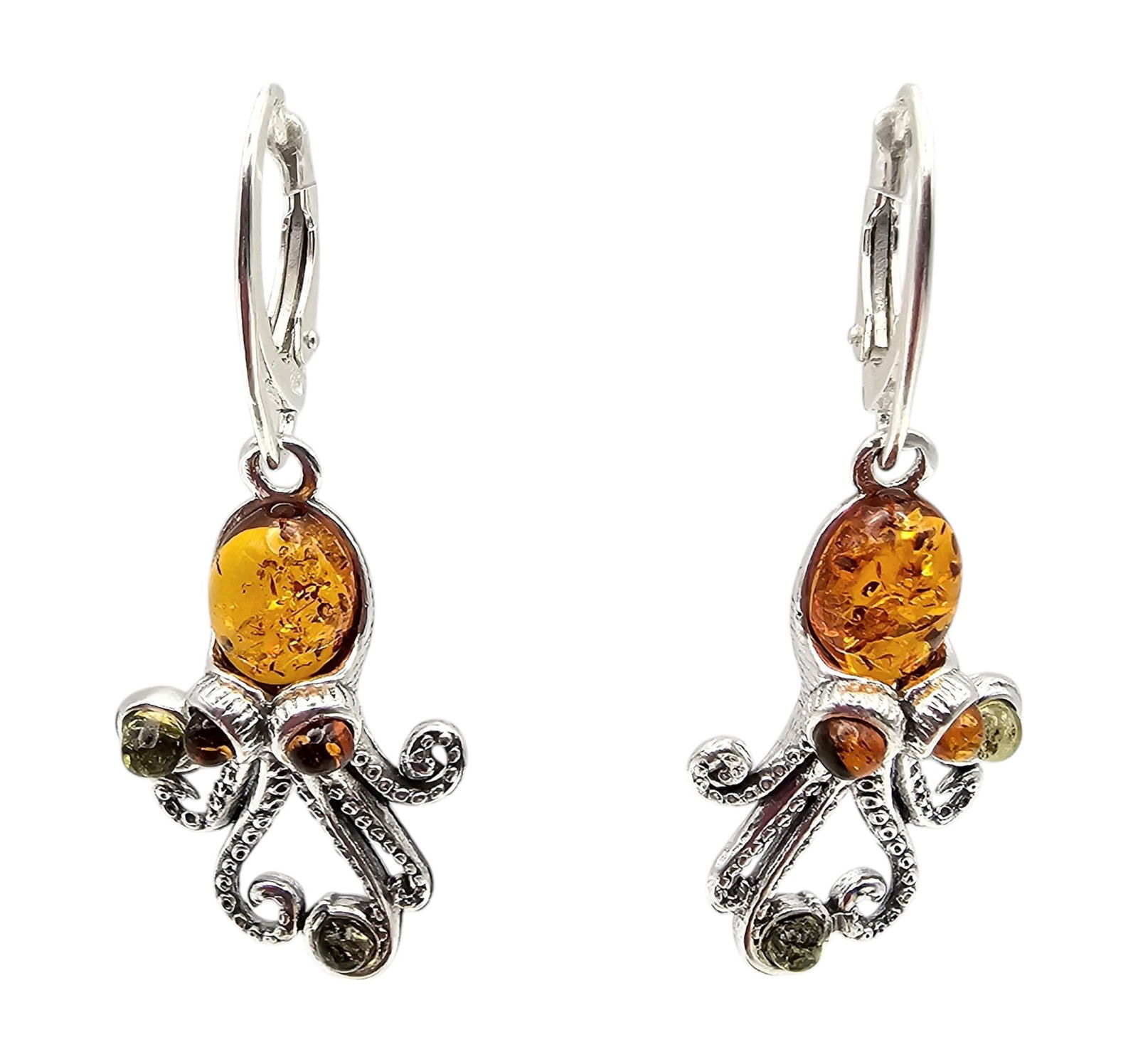 New Amber Sterling Silver Octopus Drop Dangle Earrings 6.4 G (1 of 4)