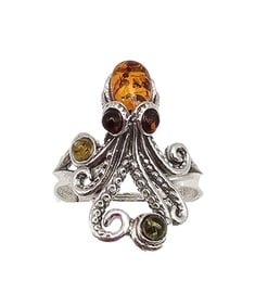 New Amber Sterling Silver Octopus Adjustable Ring 5.4 G