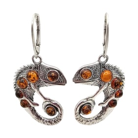 New Amber Sterling Silver Chameleon Drop Dangle Earrings 10.3 G