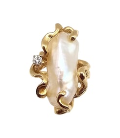 Large Fresh Water Pearl Diamond 14K Gold Cocktail Ring Sz 6.75 8.2 G