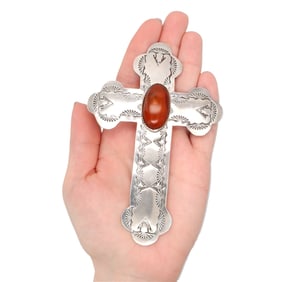 Huge Signed 'DAN' Navajo Sterling Amber Cross Pendant