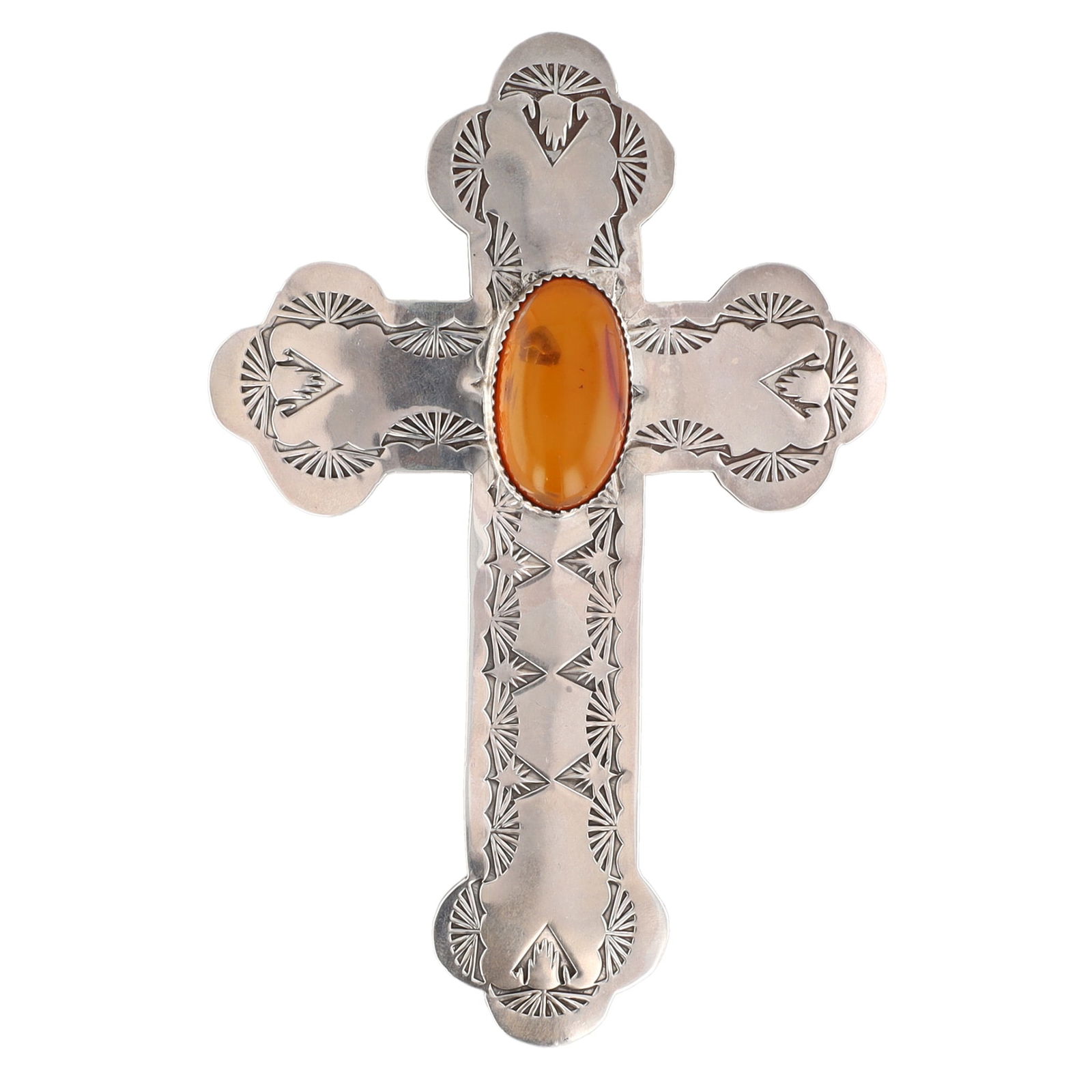 Huge Signed 'DAN' Navajo Sterling Amber Cross Pendant