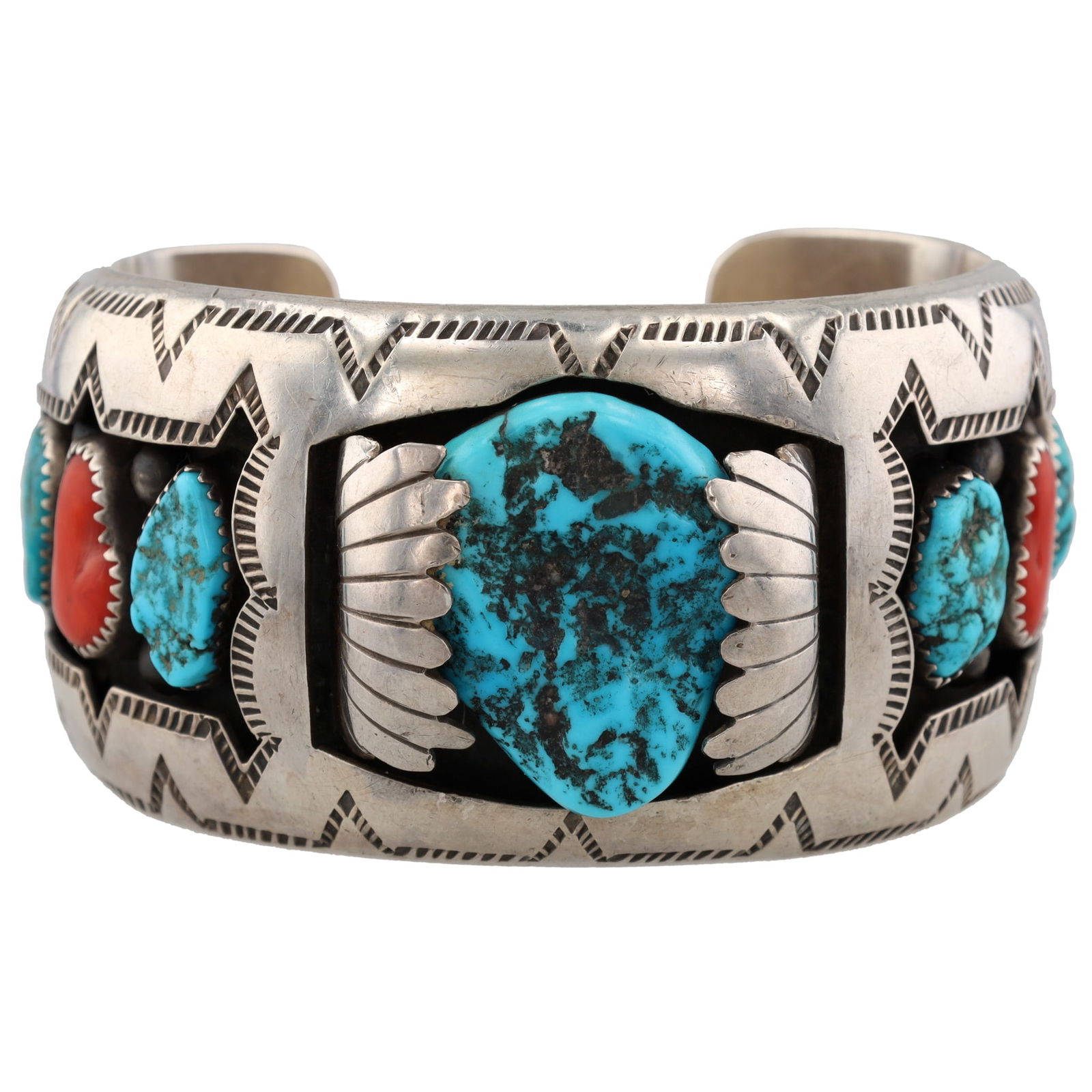 WJ Musket Navajo Sterling Stamped Coral and Turquoise Chunk Cuff Bracelet (1 of 7)