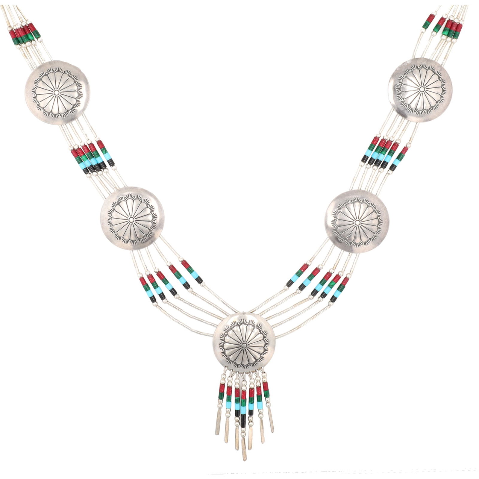 Navajo Sterling Liquid Silver Concho Fringe Necklace (1 of 6)